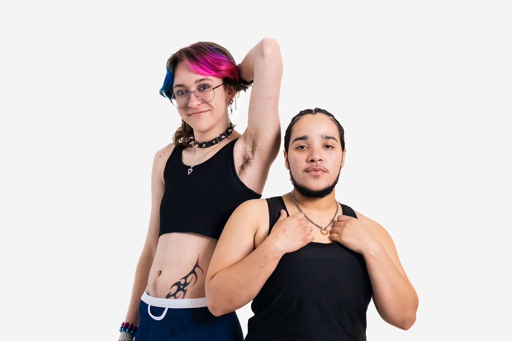 Two humans wearing binders 