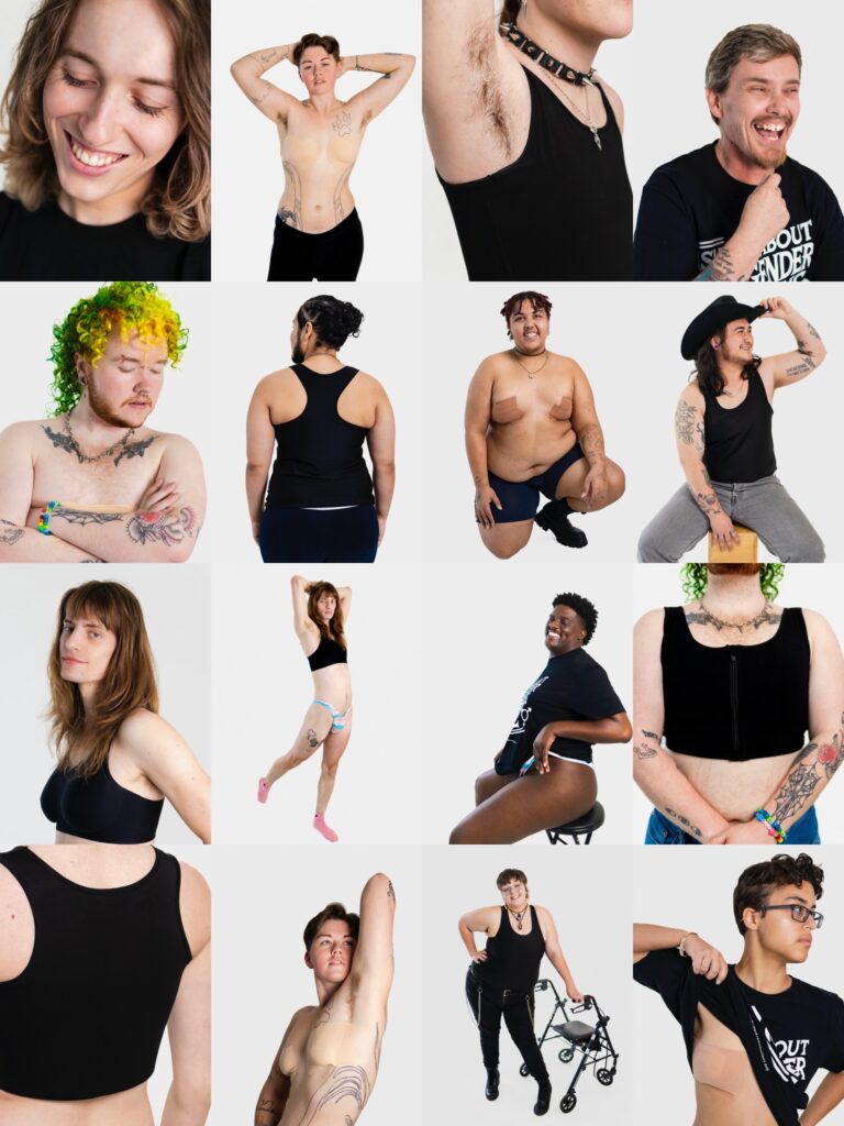 Collage of a diverse set of trans bodies smiling and posing joyously. Photographed and collaged by Celeste Burns Photography